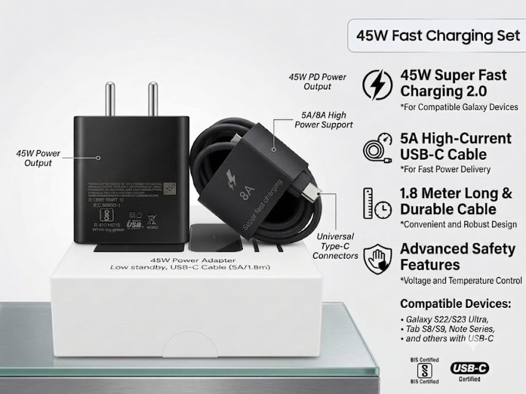 45W PD Super Fast Charger with 5A USB Type-C Cable | Fast Charging Adapter | 1.8M USB-C Cable for Samsung Galaxy S25/S24/S23/S22 Ultra, Note Series & Tab S9