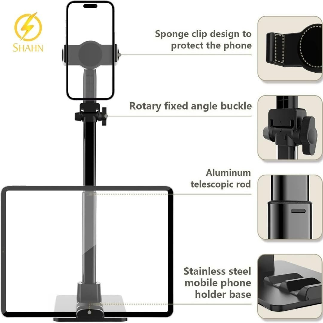 Universal Adjustable Phone Stand: Sturdy Desk Holder with Anti-Slip Clamp for Smartphones and Tablets.