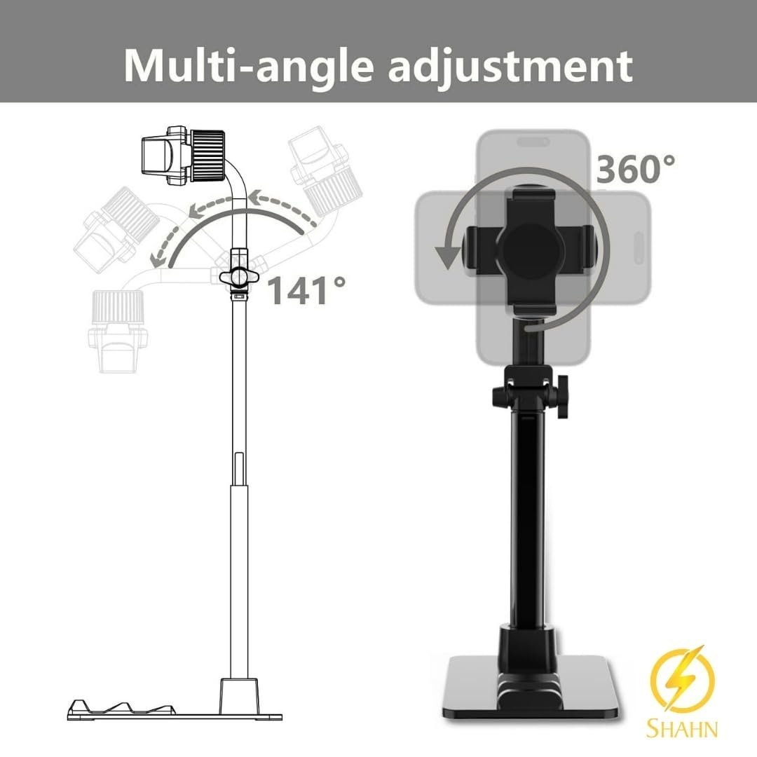 Universal Adjustable Phone Stand: Sturdy Desk Holder with Anti-Slip Clamp for Smartphones and Tablets.