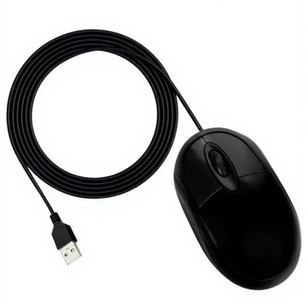 USB Optical Mouse, Black, Wired Computer Mouse with Long Cable, Ergonomic Design for Desktop PC and Laptop