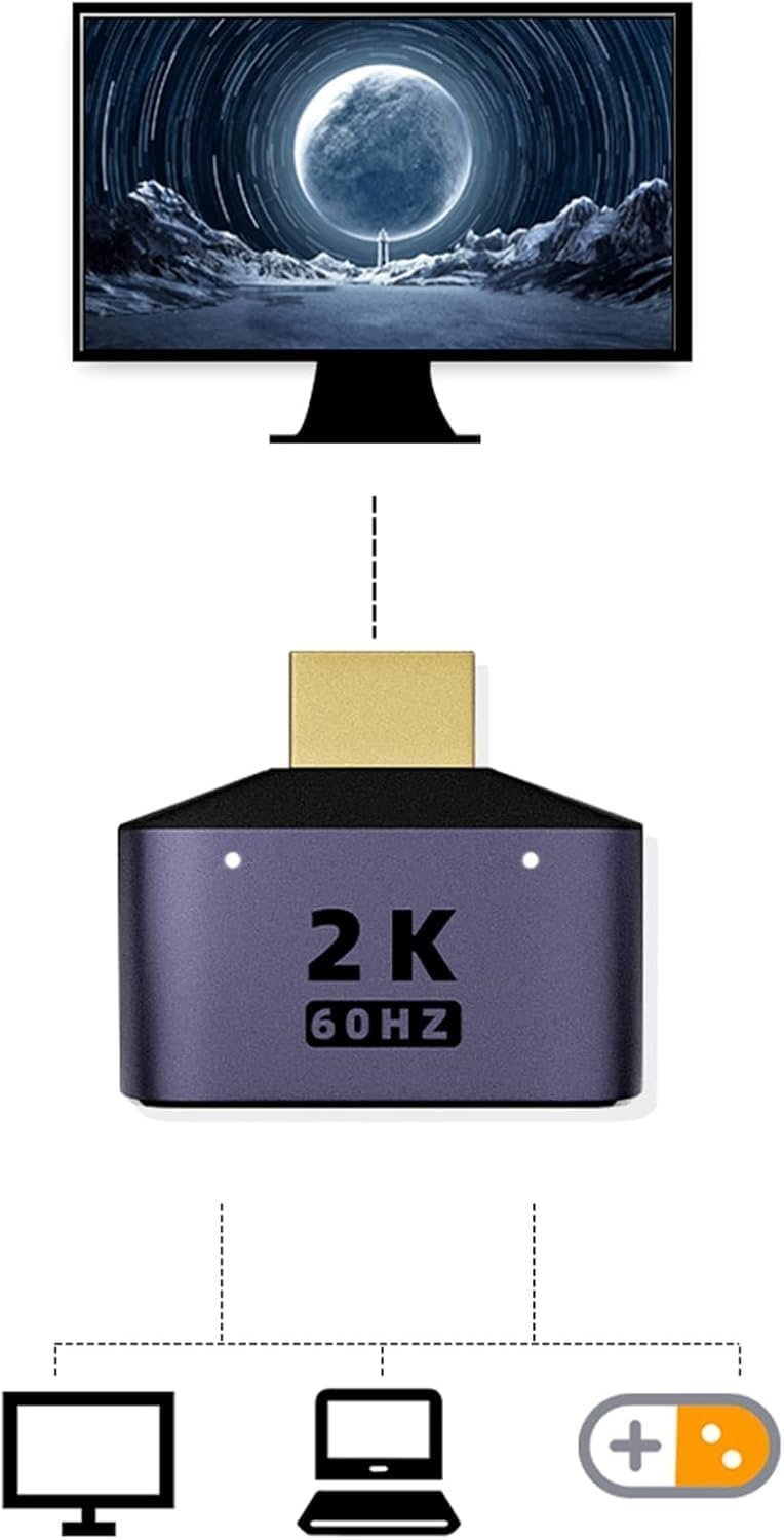 HDMI Splitter 1 in 2 Out Bi-Directional Switch – 2K@60Hz HD Display, HDMI 1 Male to 2 Female Adapter with LED Indicator for TV, Monitor, Laptops