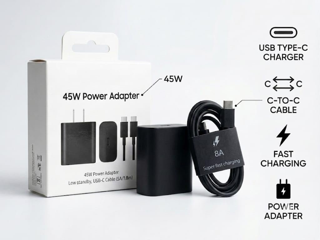 45W PD Super Fast Charger with 5A USB Type-C Cable | Fast Charging Adapter | 1.8M USB-C Cable for Samsung Galaxy S25/S24/S23/S22 Ultra, Note Series & Tab S9