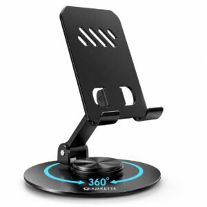 Ergo 360° Alloy Mobile Stand for Desk, Foldable Design with Stable Rotational Metallic Round Base, Multiple Height & Angle adjustments for Smartphones, Tablets & iPad (Black)