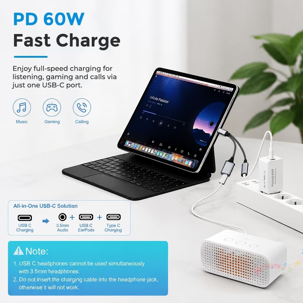 ® USB C to 3.5mm Adapter 3 in1 with Charging and DAC Audio