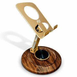 Foldable Metal Mobile Phone Stand with 360° Rotating Base, Adjustable Height & Angle, Desktop Holder for Smartphones & Tablets (Gold)