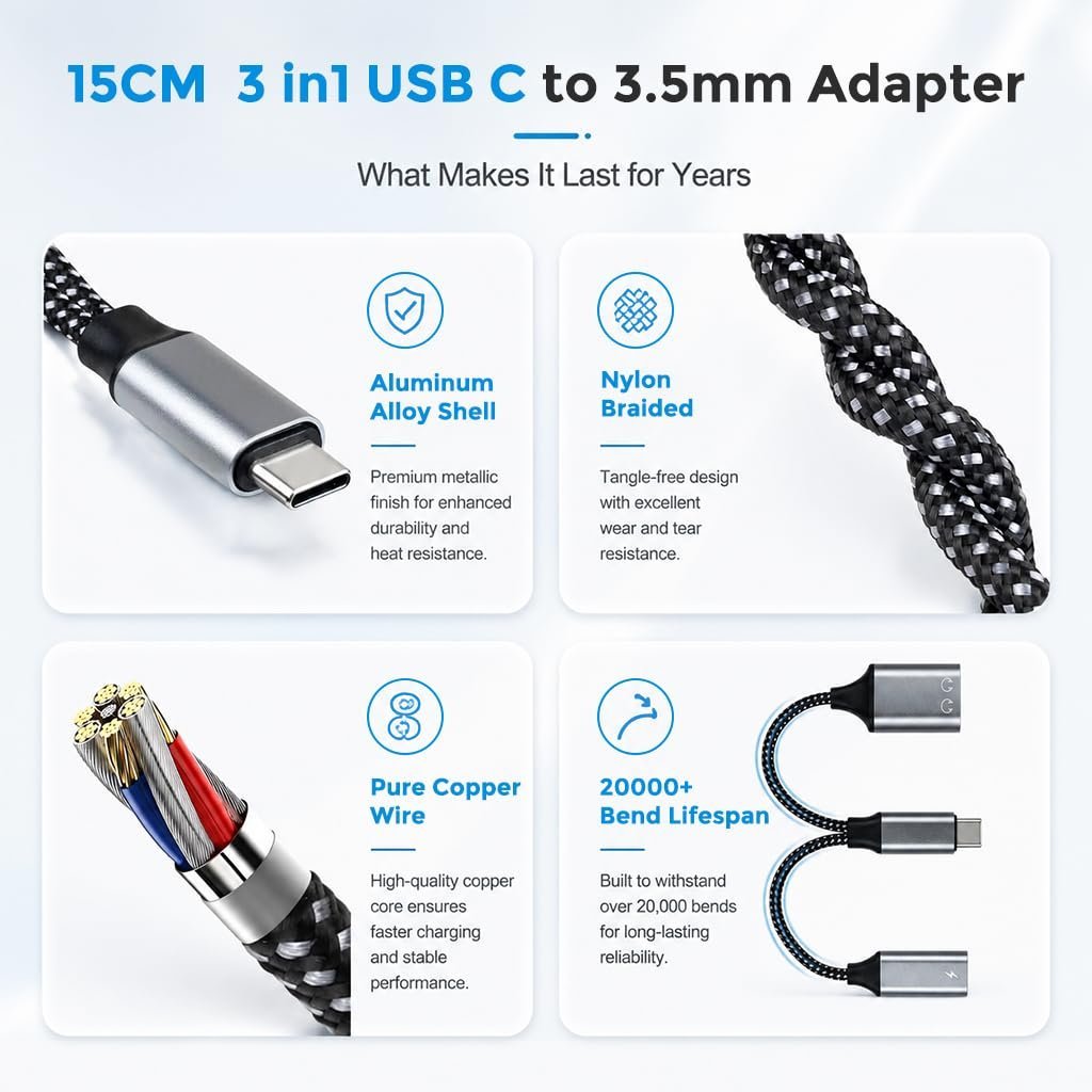 ® USB C to 3.5mm Adapter 3 in1 with Charging and DAC Audio