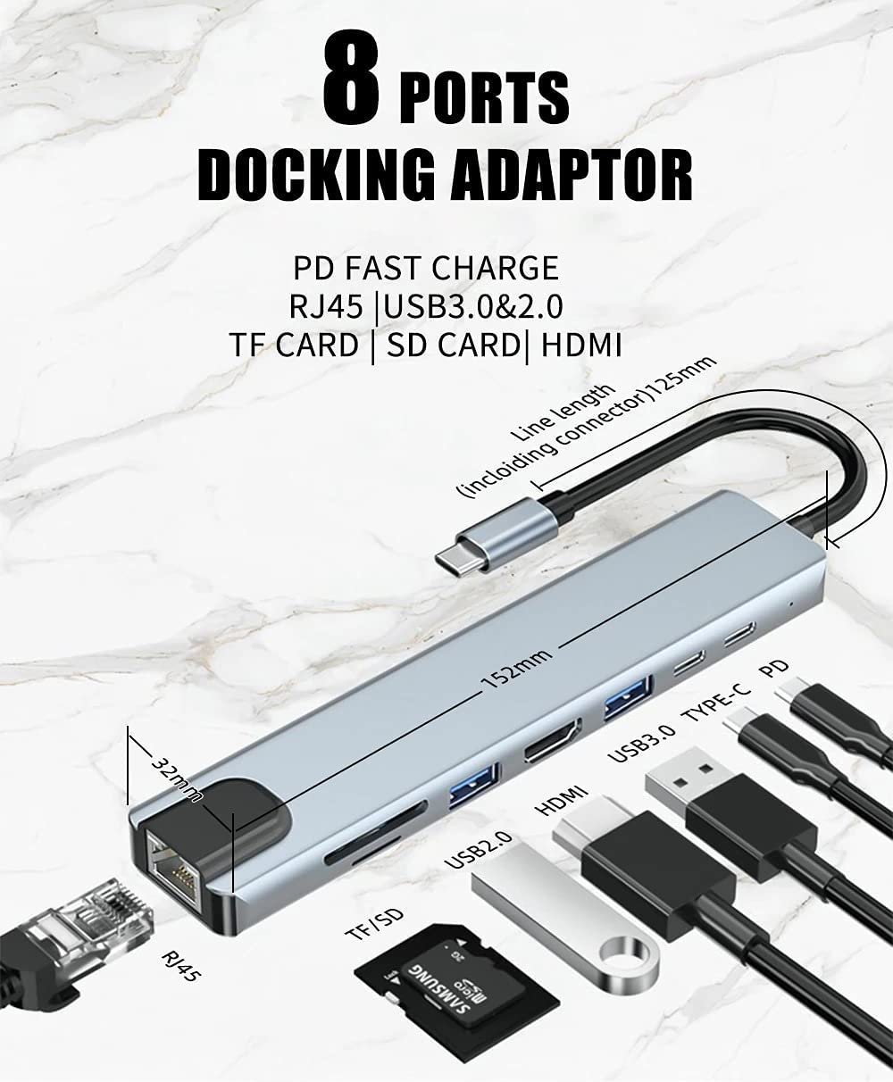 GENERIC USB C HDMI Adapter 8 in 1 Type C Docking Station Aluminum with 4K HDMI Output, RJ45,2 USB 3.0 Ports,Compatible with MacBook Pro