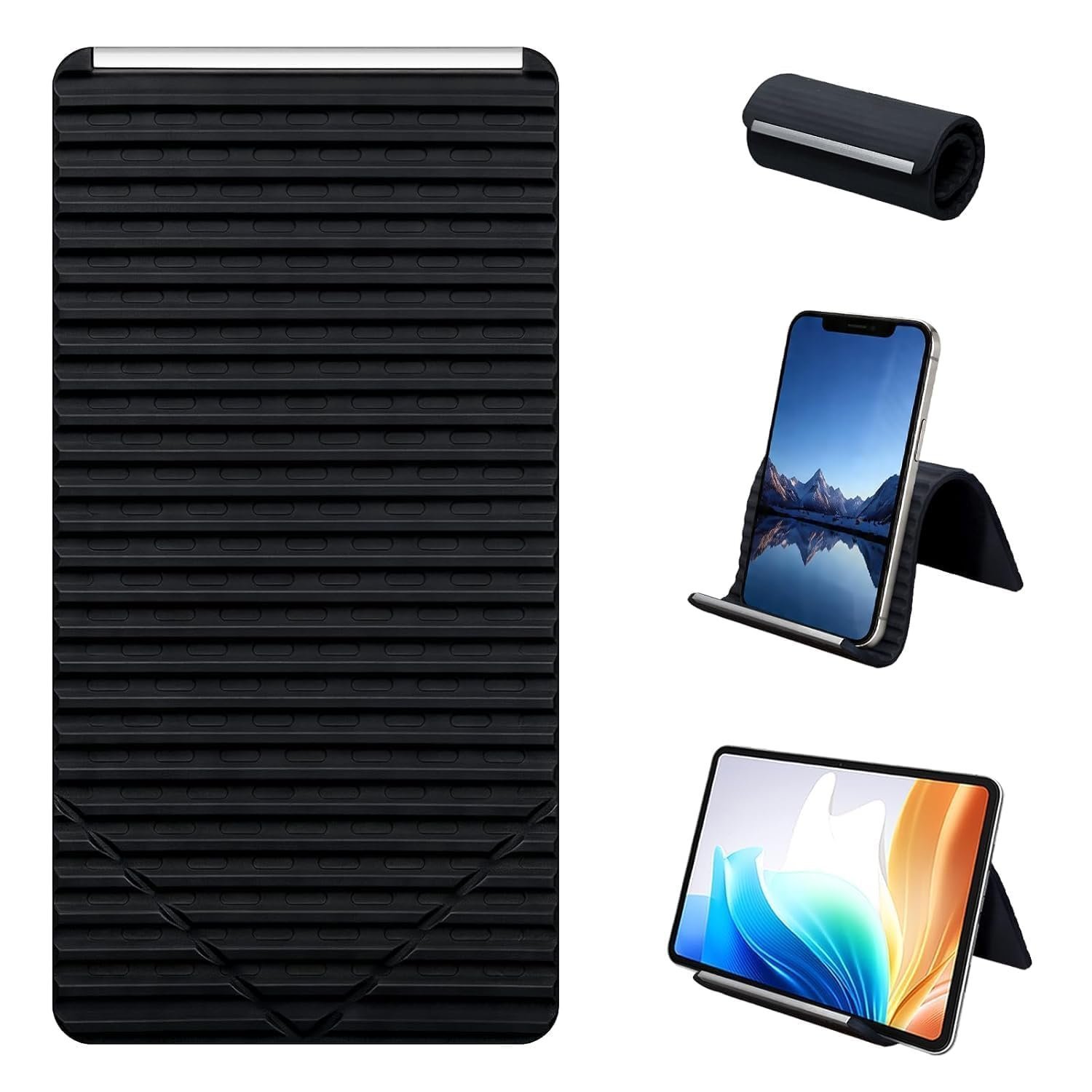 Silicone Phone Stand with Aluminum, Flexible Foldable Phone Holder, Bendable Adjustable Anti-Slip Desktop Stand for Phone Tablet Laptop, Portable Rollable Multi-Angle Stand for Home