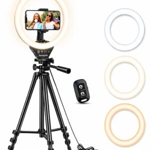 Ring Light with Stand, 50" Phone Tripod for iPhone & Android, LED Ring Light with Remote, 3 Color Modes & 10 Brightness Levels for TikTok, Zoom & Video Recording