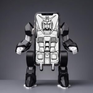 Desk Phone Holder, Robo Sci-Fi Mech Style, Black and White, with Charging Port Access, Decorative Stand