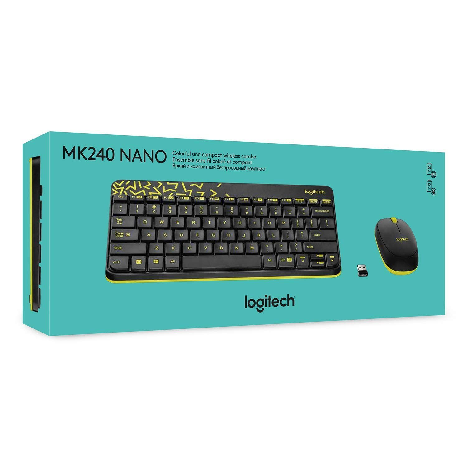MK240 Nano Wireless USB Keyboard and Mouse Set, 12 Function Keys 2.4GHz Wireless, 1000DPI, Spill-Resistant Design, PC/Mac, Black/Chartreuse Yellow