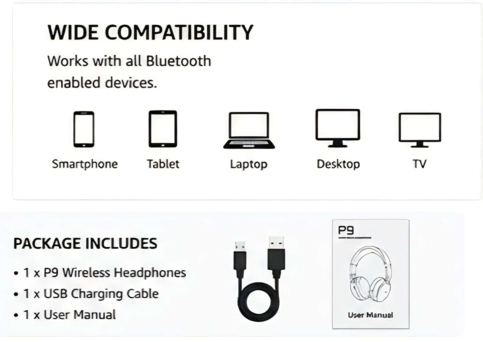 P9 Wireless Headphone, Bluetooth Over Ear Headset with Hi-Fi Stereo Sound, 40mm Drivers, Deep Bass Audio, Foldable Design, Built-in Mic, Multi Colour Wireless Headphones