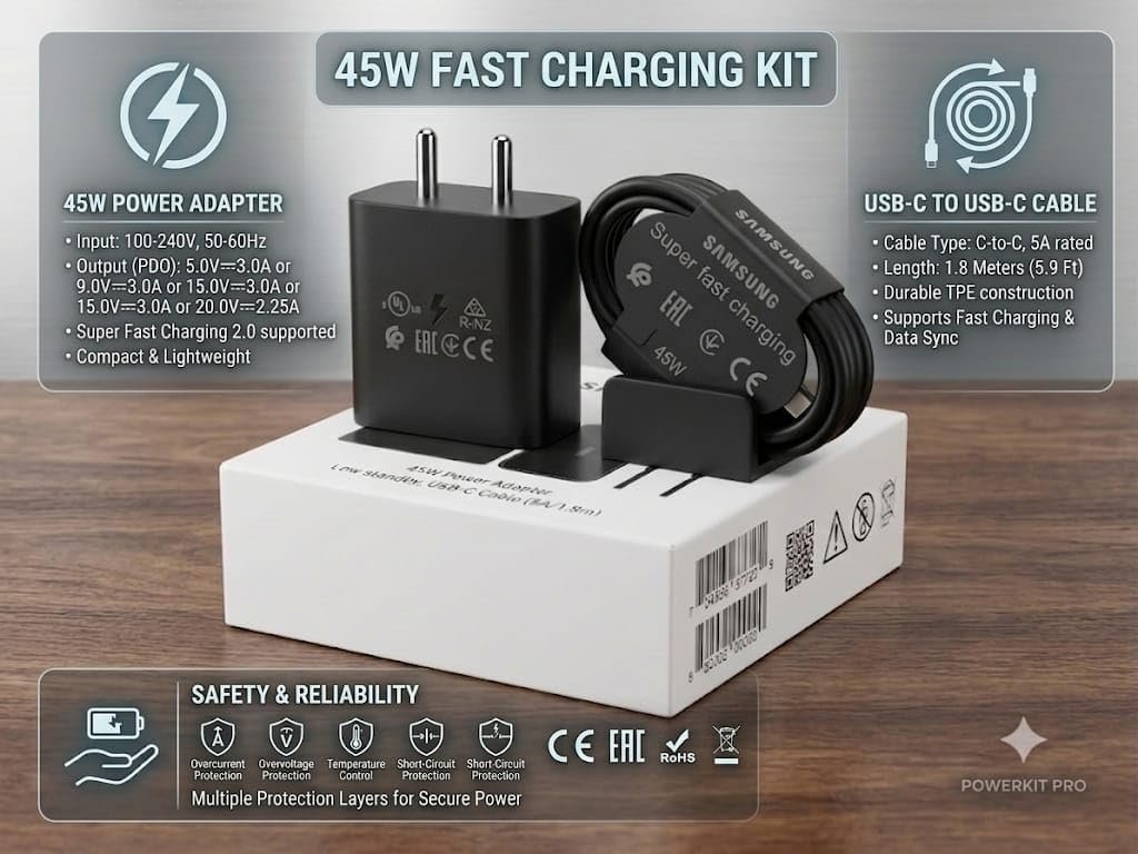 45W PD Super Fast Charger with 5A USB Type-C Cable | Fast Charging Adapter | 1.8M USB-C Cable for Samsung Galaxy S25/S24/S23/S22 Ultra, Note Series & Tab S9