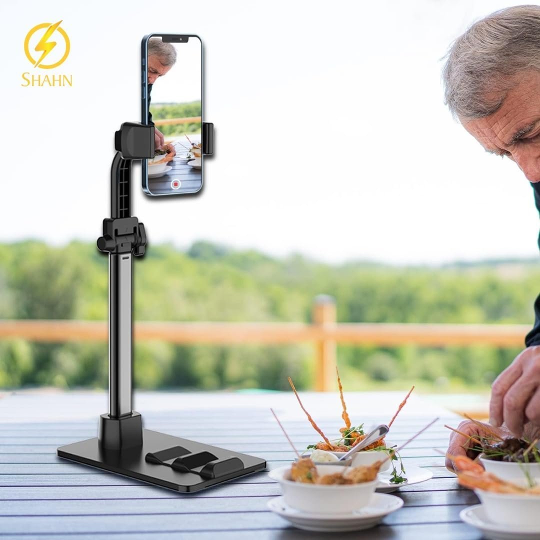 Universal Adjustable Phone Stand: Sturdy Desk Holder with Anti-Slip Clamp for Smartphones and Tablets.