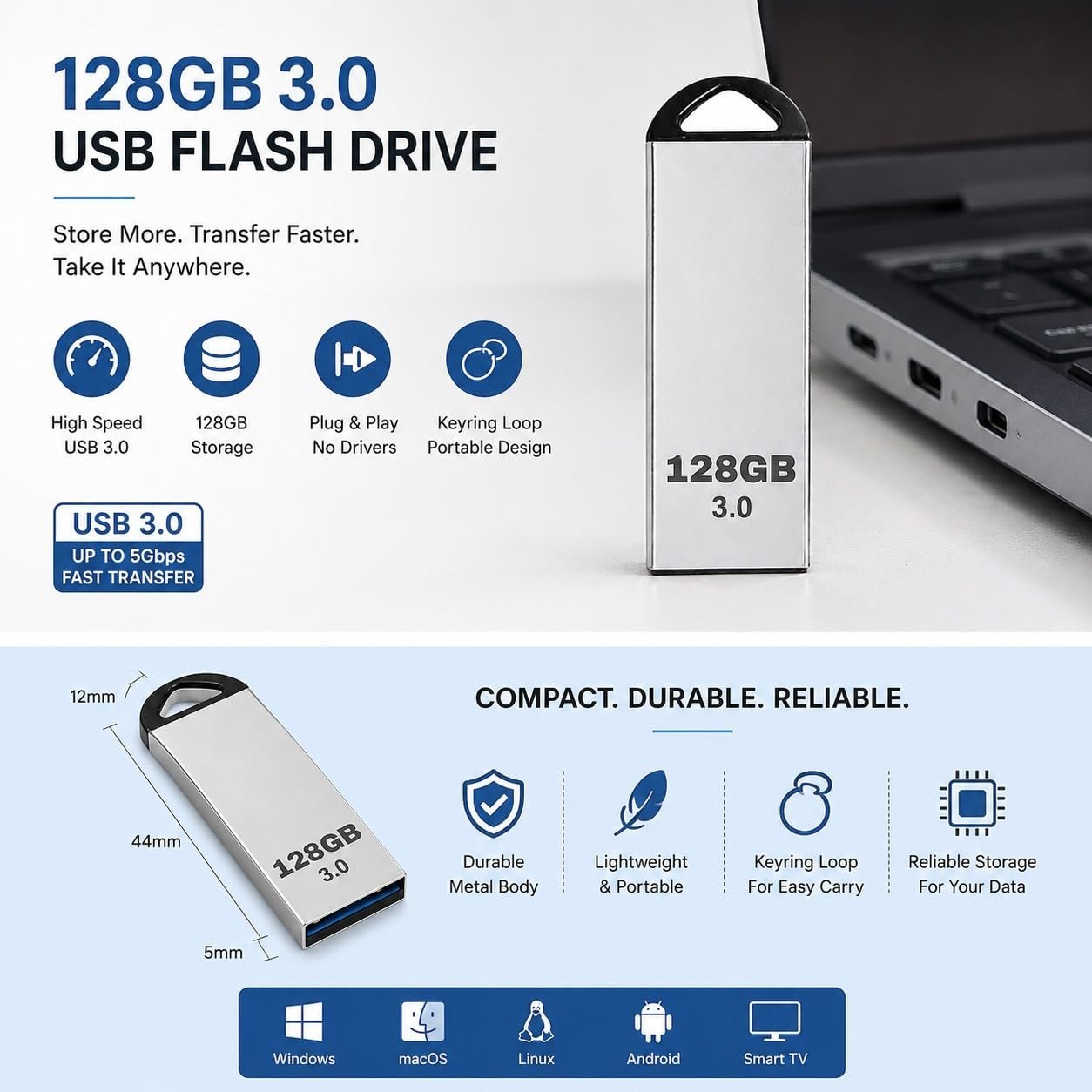 USB 2.0/3.0 Flash Drive with 128 GB Capacity | High Speed, Metal Pen Drive