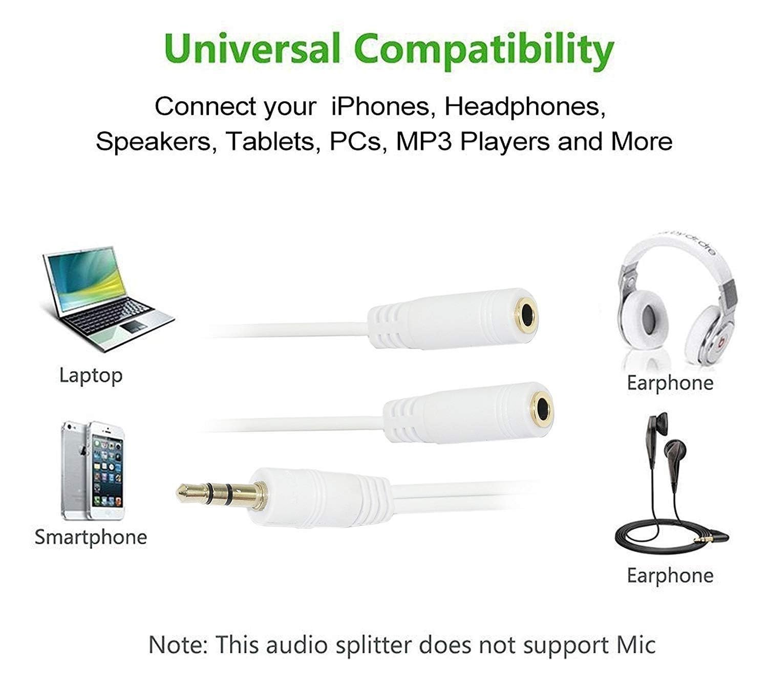 3.5mm jack 1 male to 2 female Stereo headphone earphone Jack Y Splitter audio adapter Cable (Multicolor - Color may vary)