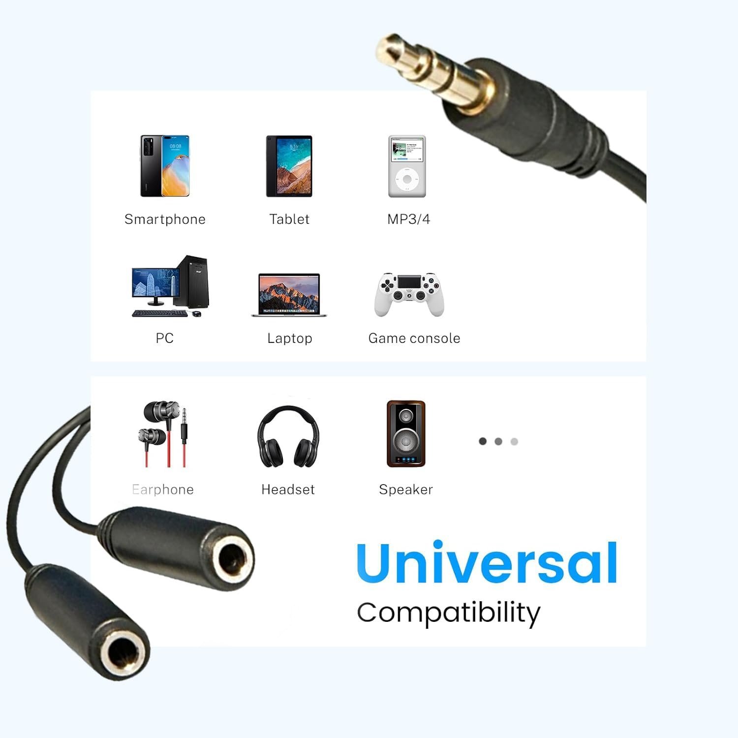 3.5mm Audio Jack Splitter Cable Adapter, Stereo Male to Dual Female Headphone & Mic Y Splitter, AUX Extension Cord for Mobile, Laptop, PC, Tablet – Colors May Vary