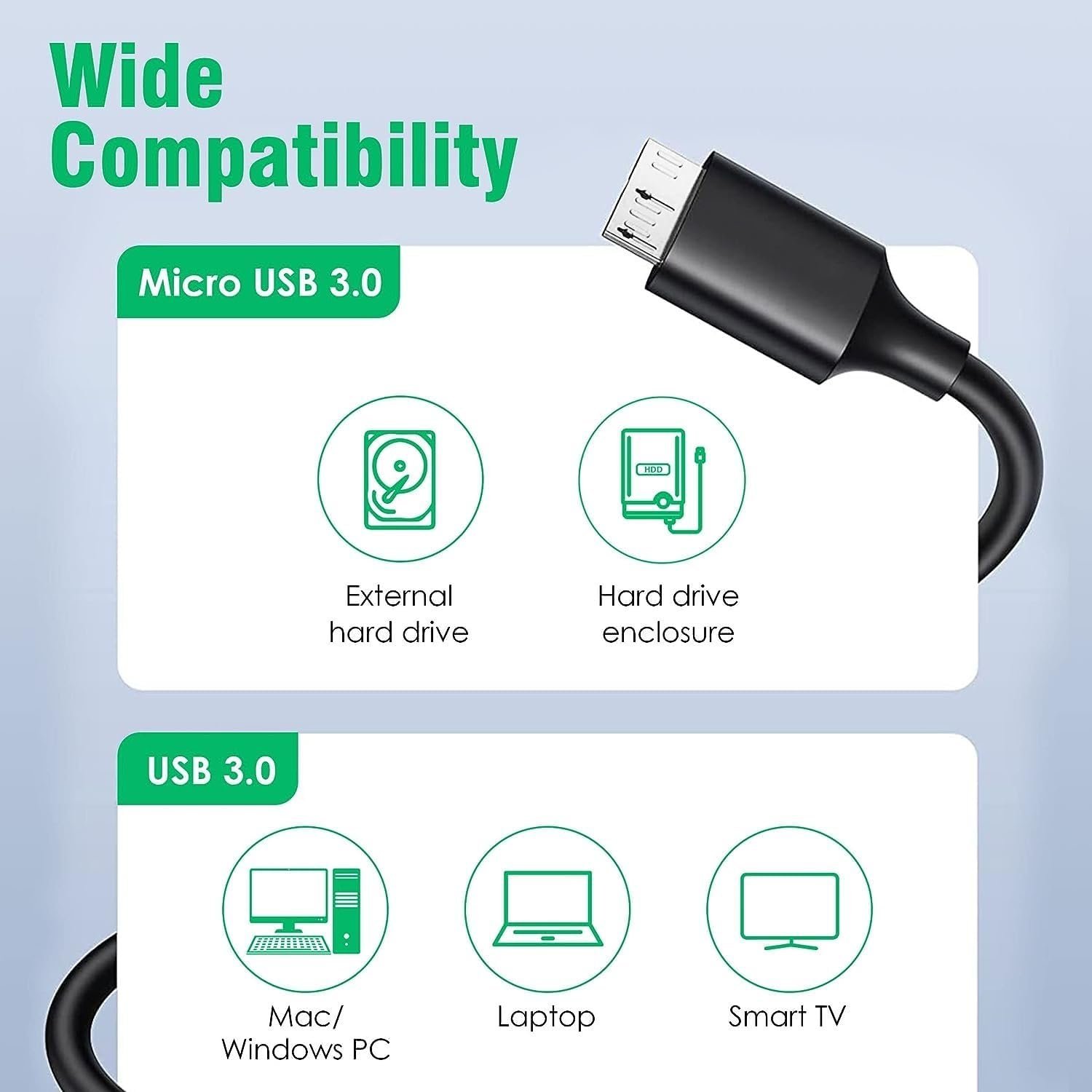 High Speed Data Sync USB 3.0 Type A Male to Micro B Cord for Wd/Seagate/Toshiba/Samsung/Hitachi, Etc External Hard Disk/Drives Cables (Black) (1.5Ft)