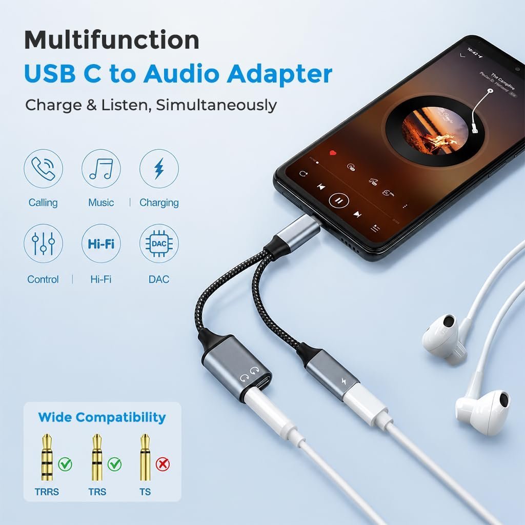 ® USB C to 3.5mm Adapter 3 in1 with Charging and DAC Audio
