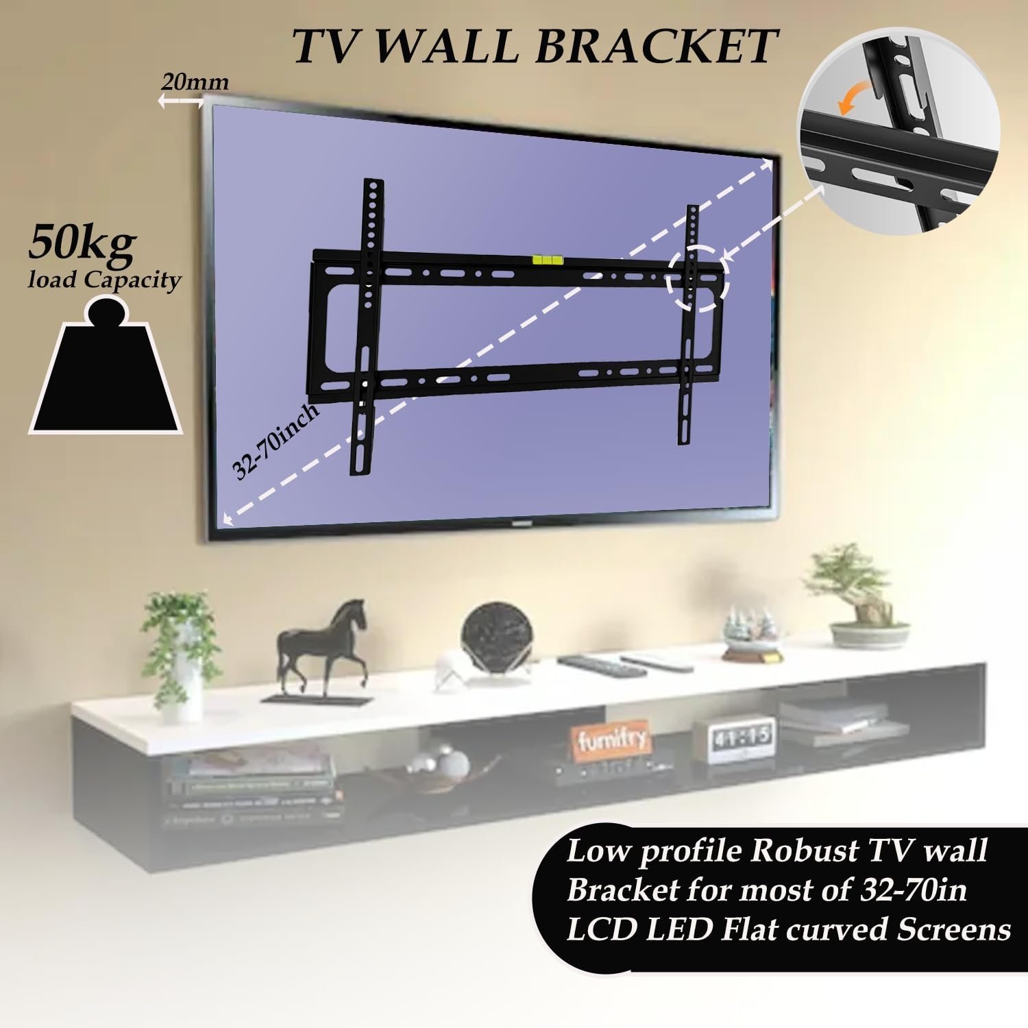 TV Wall Bracket Mount for 32-70 inch TVs, Ultra Heavy Duty TV Wall Mount With Bubble Level VESA 200 x 200mm to 600 x 400mm for Flat & Curved TV Load Capacity Up to 50KG For LED LCD OLED Plasma Screens