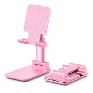 Wrapped Ribbon Telescopic Height Adjustable Phone & Tablet Stand | 360° Rotating Base, Foldable Desktop Holder for iPhone, iPad, Samsung, All Smartphones & Tablets (Pink)