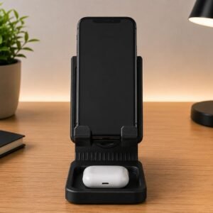 Phone Stand for Desk, Universal Mobile Holder with Storage Tray for Earbuds, Compatible with All Smartphones – Black