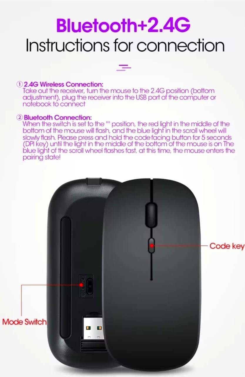 Wireless Mouse, Bluetooth and 2.4G Dual Mode, Rechargeable (Black)
