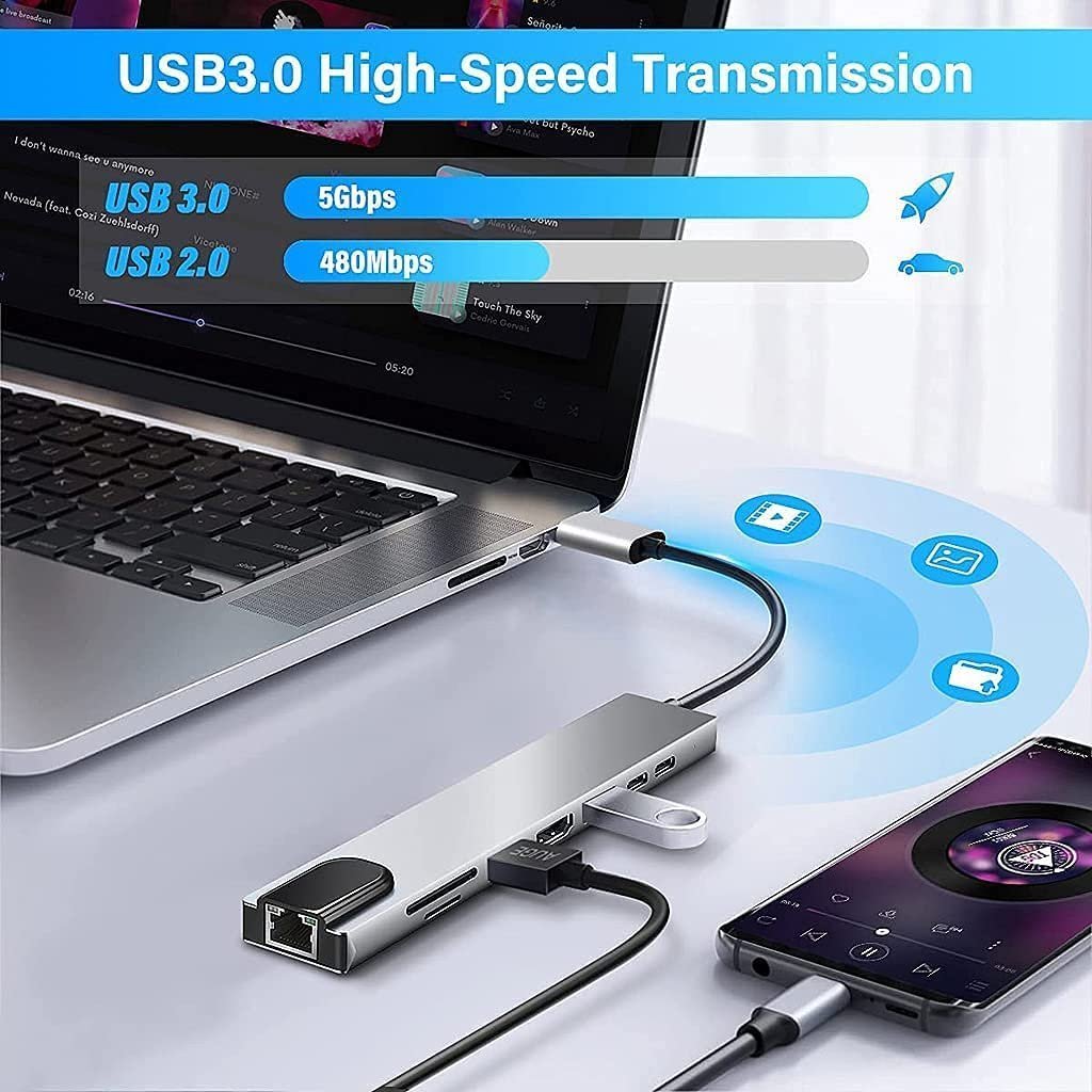 GENERIC USB C HDMI Adapter 8 in 1 Type C Docking Station Aluminum with 4K HDMI Output, RJ45,2 USB 3.0 Ports,Compatible with MacBook Pro