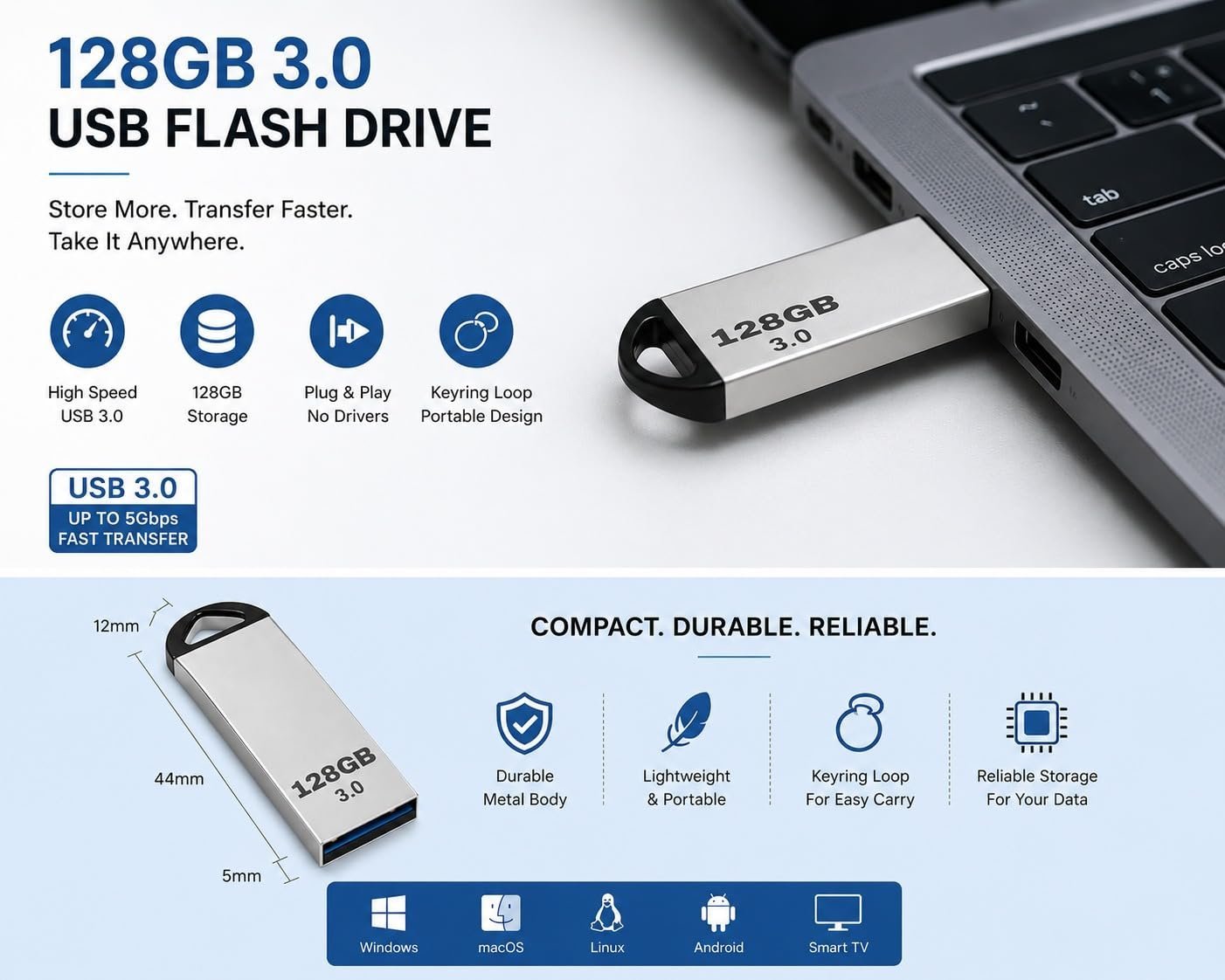 USB 2.0/3.0 Flash Drive with 128 GB Capacity | High Speed, Metal Pen Drive