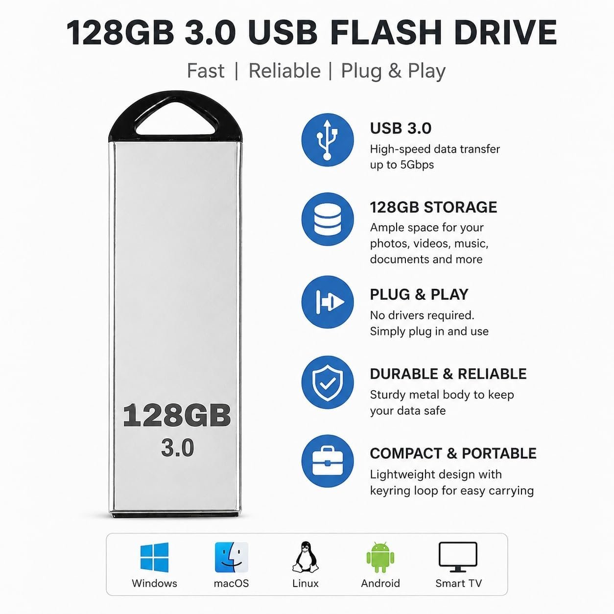 USB 2.0/3.0 Flash Drive with 128 GB Capacity | High Speed, Metal Pen Drive