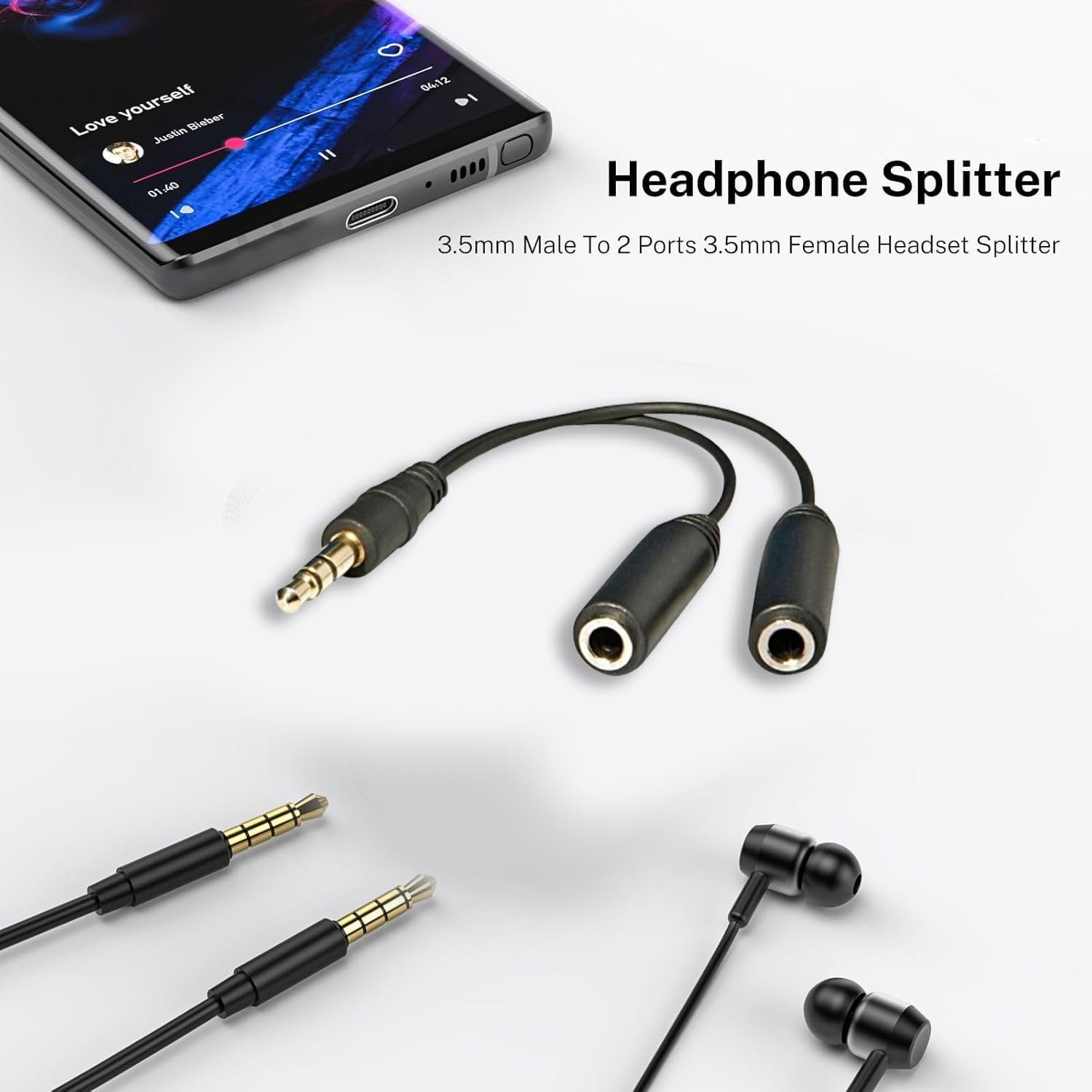 3.5mm Audio Jack Splitter Cable Adapter, Stereo Male to Dual Female Headphone & Mic Y Splitter, AUX Extension Cord for Mobile, Laptop, PC, Tablet – Colors May Vary