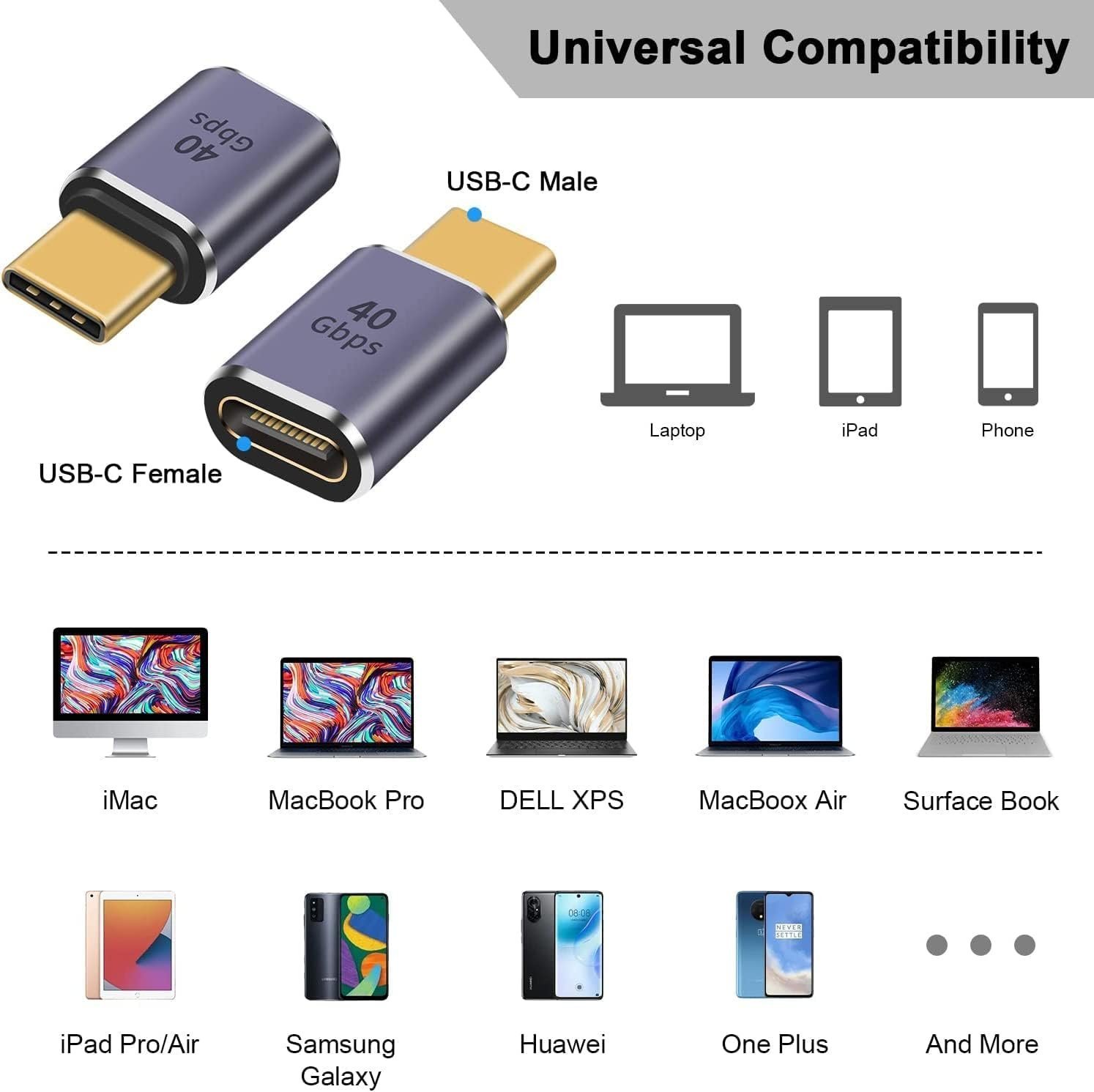 USB C Adapter, USB Type C Male to Female Adapter Extender Support 100W, 40Gbps, 8K@60Hz for Thunderbolt 4/3, MacBook Pro/Air, Laptop, Tablet, Phones and More Type C Devices (Male to Female)