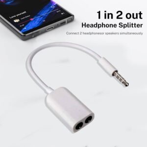 3.5mm Audio Jack Splitter Cable Adapter, Stereo Male to Dual Female AUX Y Splitter for iPhone, iPad, iPod, Laptop, Mobile, Headphone & Mic Support – White (Colors May Vary)