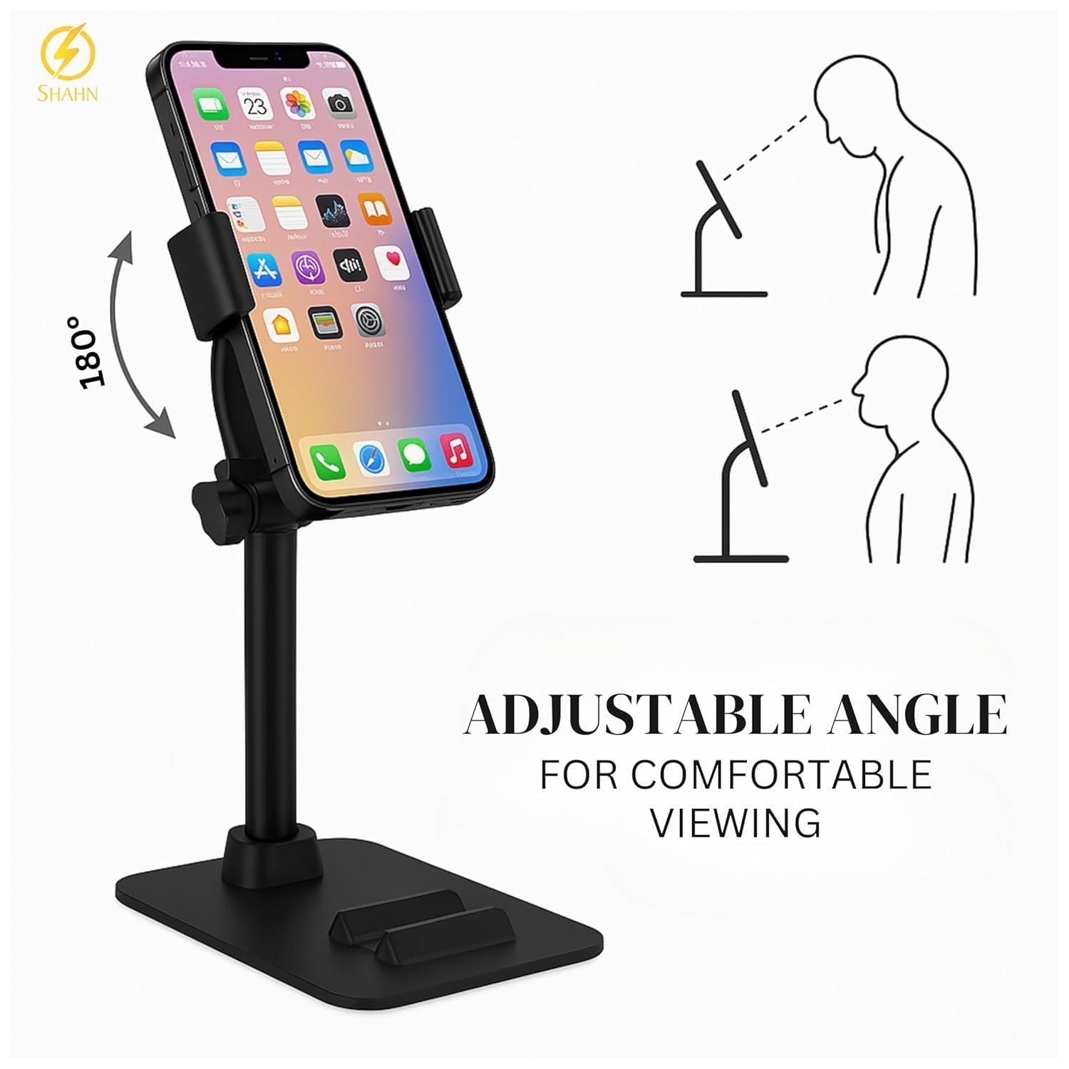 Universal Adjustable Phone Stand: Sturdy Desk Holder with Anti-Slip Clamp for Smartphones and Tablets.