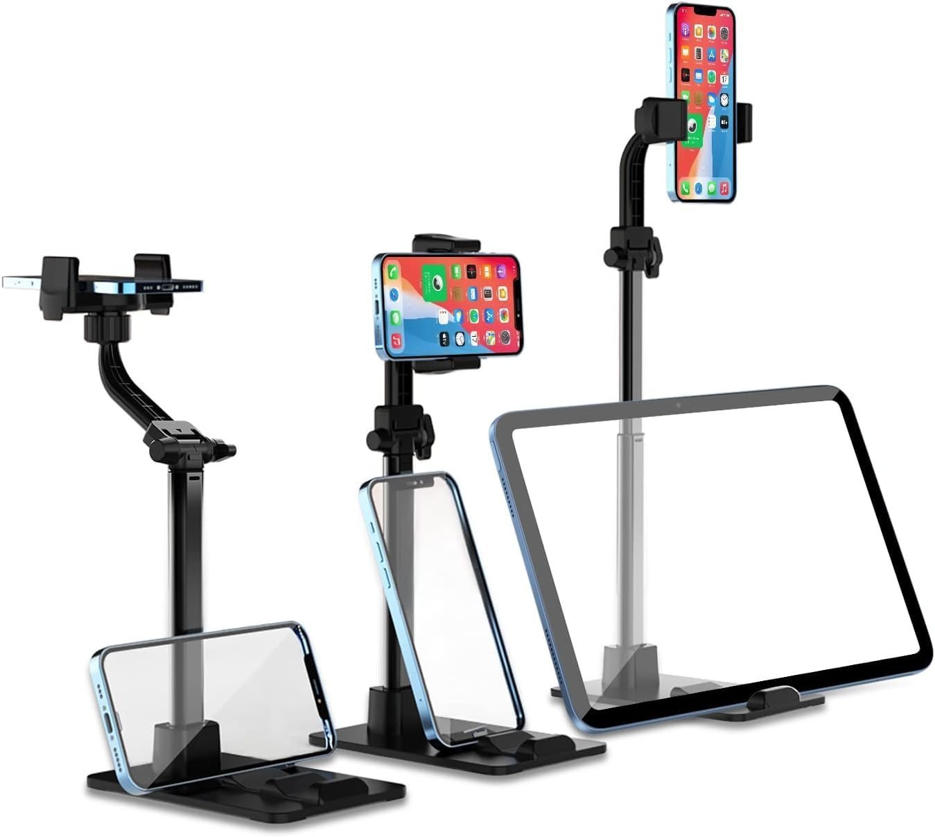 Universal Adjustable Phone Stand: Sturdy Desk Holder with Anti-Slip Clamp for Smartphones and Tablets.