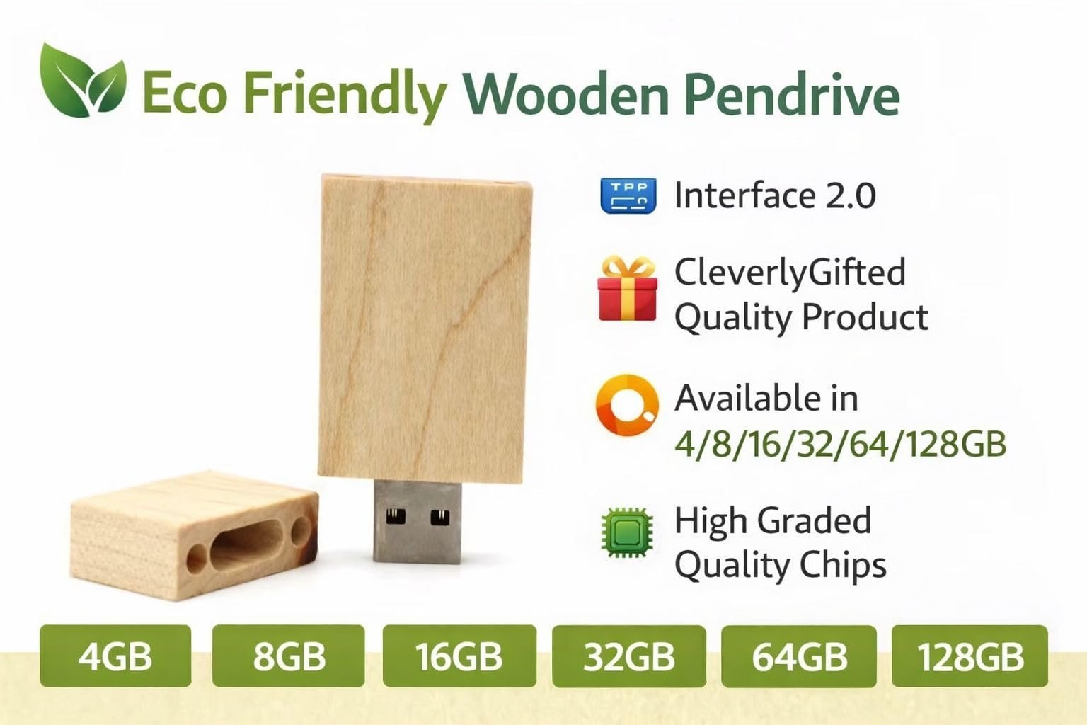 CleverlyGifted® 64GB Wooden Pen Drive | Natural Wood Finish | Minimalist Design | USB 2.0, Speed up to 10 Mbps | Ideal Corporate Gifting Product | 1 Pc