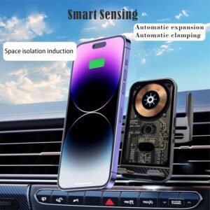 Premium Automatic Clamping Transparent Wireless Car Charger with Fast Charging Coil and Smart Infrared Sensor – Air Vent & Dashboard Mount for All Smartphones