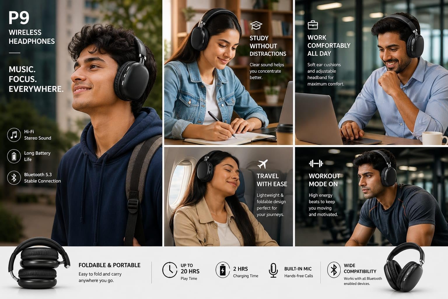 P9 Wireless Headphone, Bluetooth Over Ear Headset with Hi-Fi Stereo Sound, 40mm Drivers, Deep Bass Audio, Foldable Design, Built-in Mic, Multi Colour Wireless Headphones