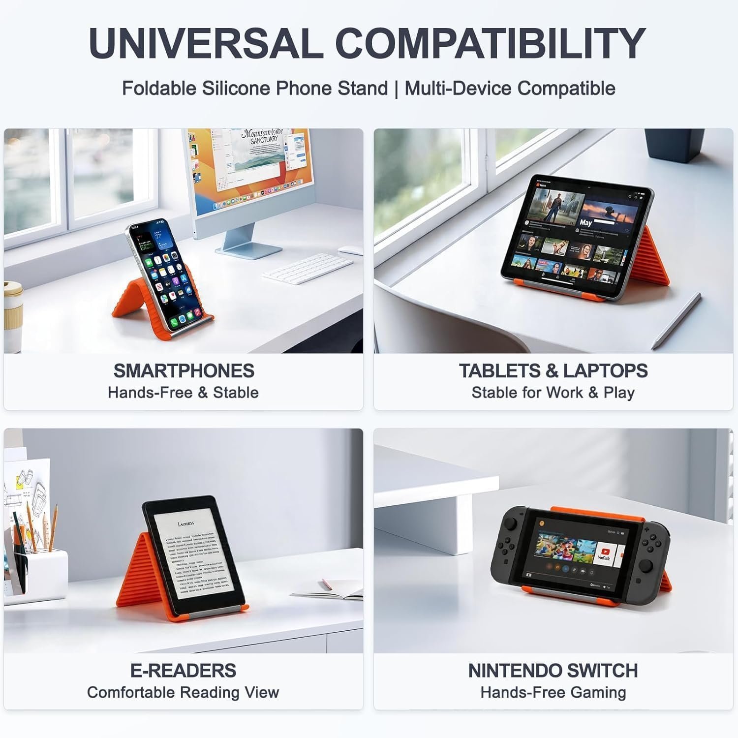 Silicone Phone Stand with Aluminum, Flexible Foldable Phone Holder, Bendable Adjustable Anti-Slip Desktop Stand for Phone Tablet Laptop, Portable Rollable Multi-Angle Stand for Home