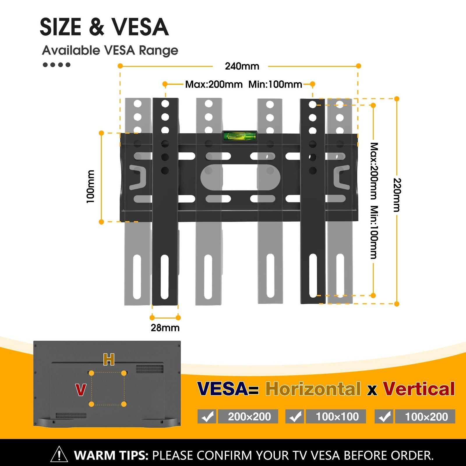 Tv Wall Bracket For 17-43 Inch, Flat Tv Wall Mount With Spirit Level, 30kg Capacity, Max Vesa: 200x200