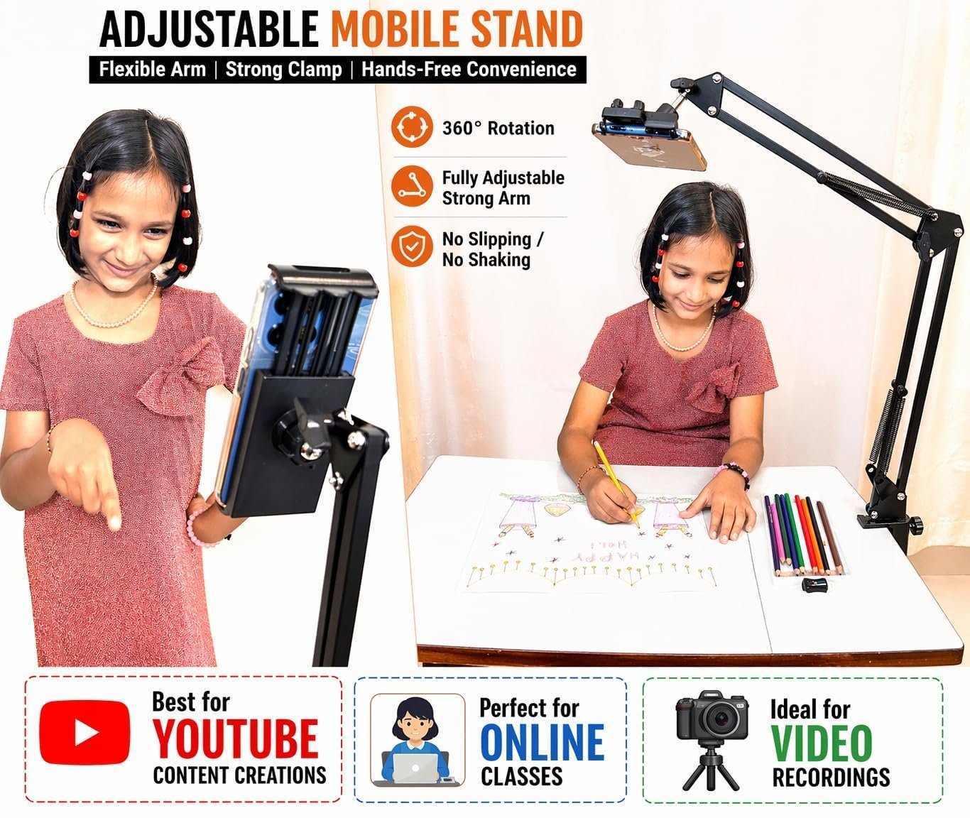Adjustable Mobile Stand for Desk with Clamp | Overhead Arm Phone Holder for Video Recording, Online Classes & Live Streaming | 360° Flexible Long Arm | Compatible with All Smartphone