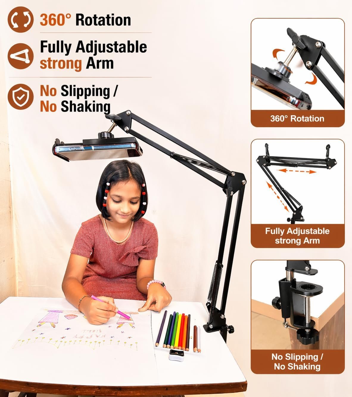 Adjustable Mobile Stand for Desk with Clamp | Overhead Arm Phone Holder for Video Recording, Online Classes & Live Streaming | 360° Flexible Long Arm | Compatible with All Smartphone