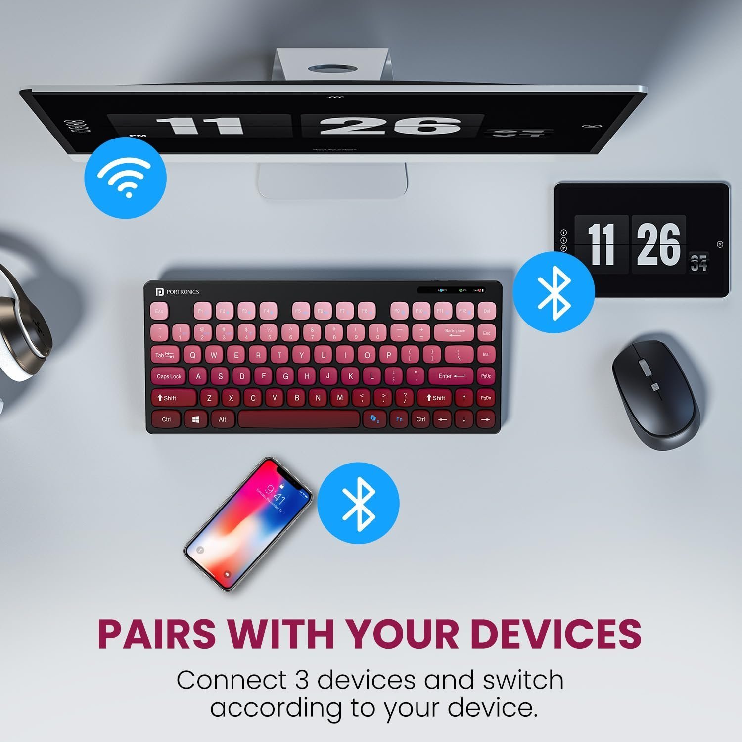 Bubble Multimedia Wireless Keyboard 2.4 GHz & Bluetooth 5.0 Connectivity, Noiseless Experience, Compact Size for iOS iPad Air, Pro, Mini, Android, Windows Tablets PC Smartphone(Purple)