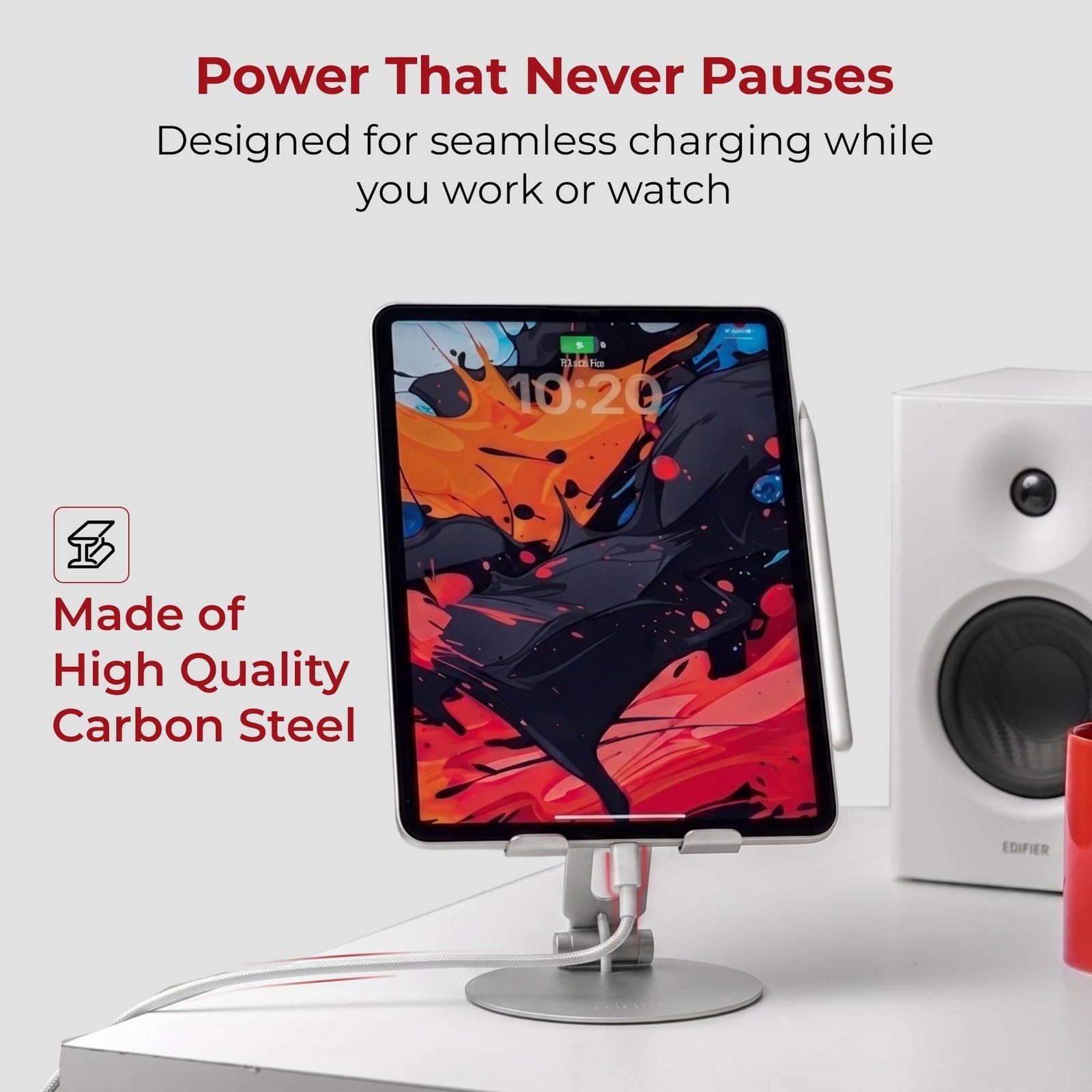 Tablet Stand | Heavy Duty |Carbon Steel, 360° Rotation, 180° Tilt | Foldable, Ergonomic Design | Universal Compatibility for iPad, Samsung, Lenovo, OnePlus & All 7–13" Tablets