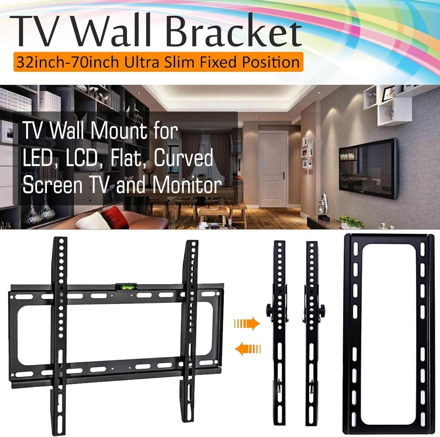 TV Wall Bracket Mount for 32-70 inch TVs, Ultra Heavy Duty TV Wall Mount With Bubble Level VESA 200 x 200mm to 600 x 400mm for Flat & Curved TV Load Capacity Up to 50KG For LED LCD OLED Plasma Screens