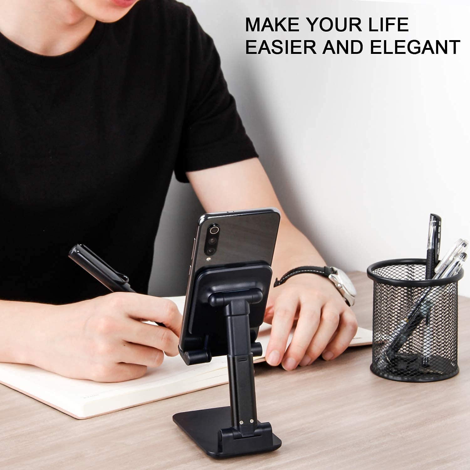 FIT YUVA Black Mobile Stand Tabletop Stand Adjustable Phone Holder and iPad Stand & for Bed, Table, Office, Video Recording Compatible with All Smartphones, Tablet