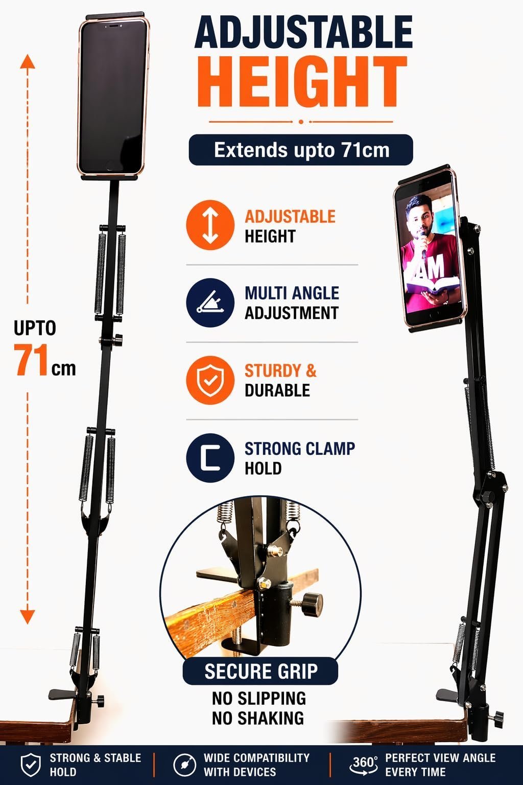Adjustable Mobile Stand for Desk with Clamp | Overhead Arm Phone Holder for Video Recording, Online Classes & Live Streaming | 360° Flexible Long Arm | Compatible with All Smartphone