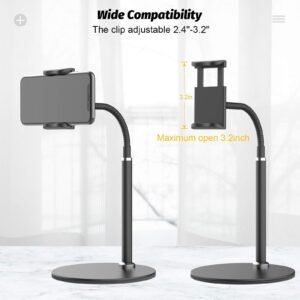 Cell Phone Stand, Adjustable Height & Angle Phone Holder Gooseneck Flexible Arm Universal Phone Stand for Desk, Aluminum Alloy Desktop Cell Phone Holder Compatible with 3.5"-6.5" Device (Black)