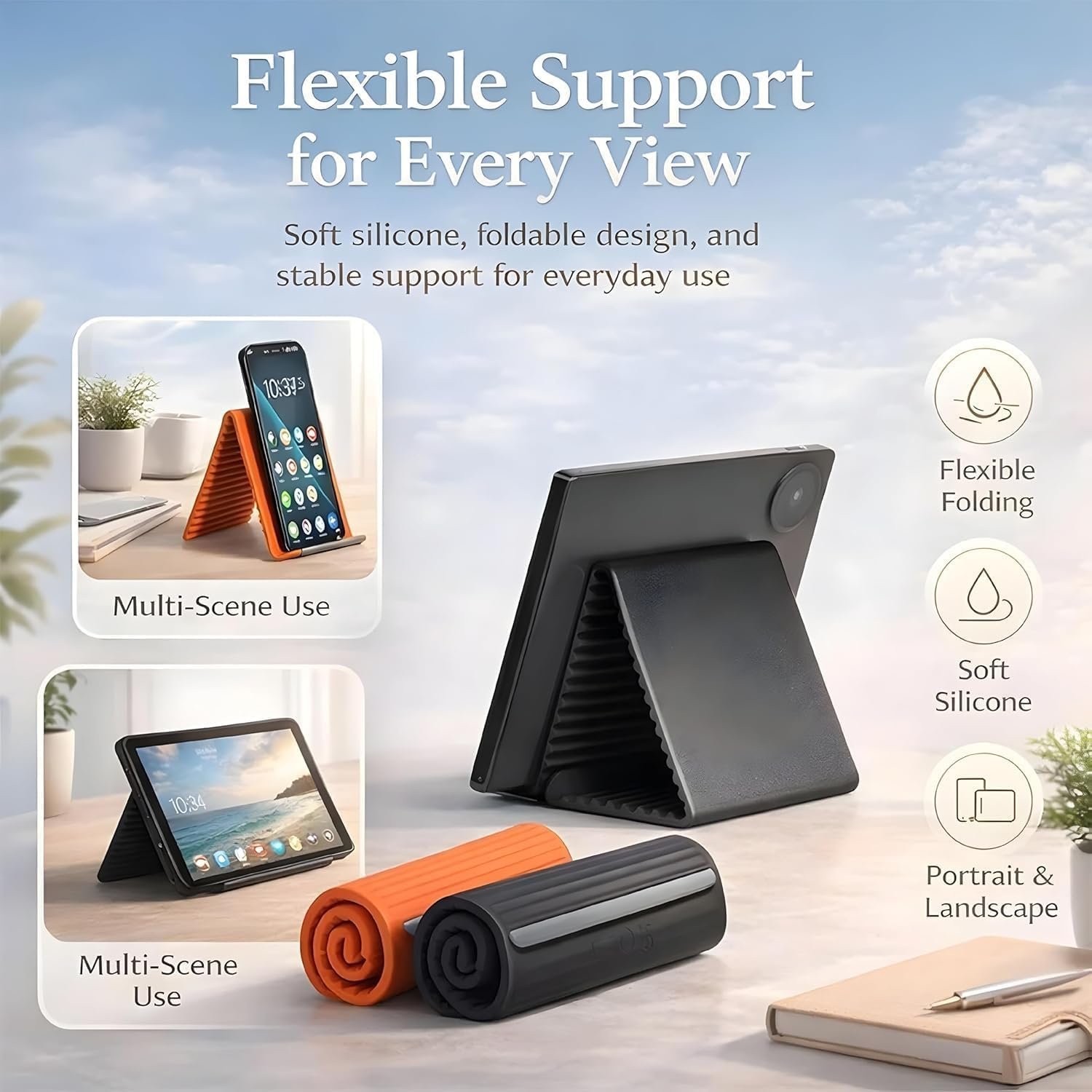 Silicone Phone Stand with Aluminum, Flexible Foldable Phone Holder, Bendable Adjustable Anti-Slip Desktop Stand for Phone Tablet Laptop, Portable Rollable Multi-Angle Stand for Home