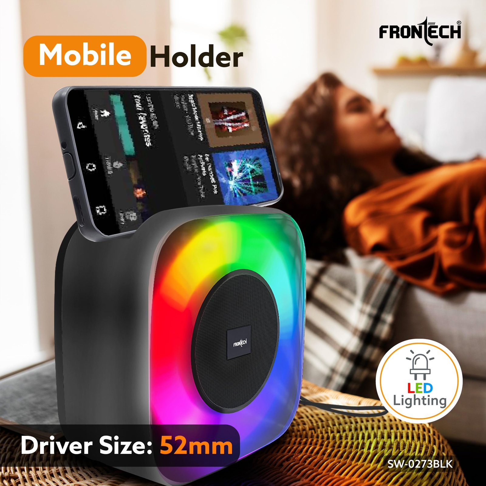 15W Portable Wireless Multimedia Speaker with Bluetooth 5.3, FM, USB, TF Card, Mobile Holder, RGB LED Lights, 6 Hrs Playback, 1000mAh Battery, 1 Year Warranty (SW-0273BLK)